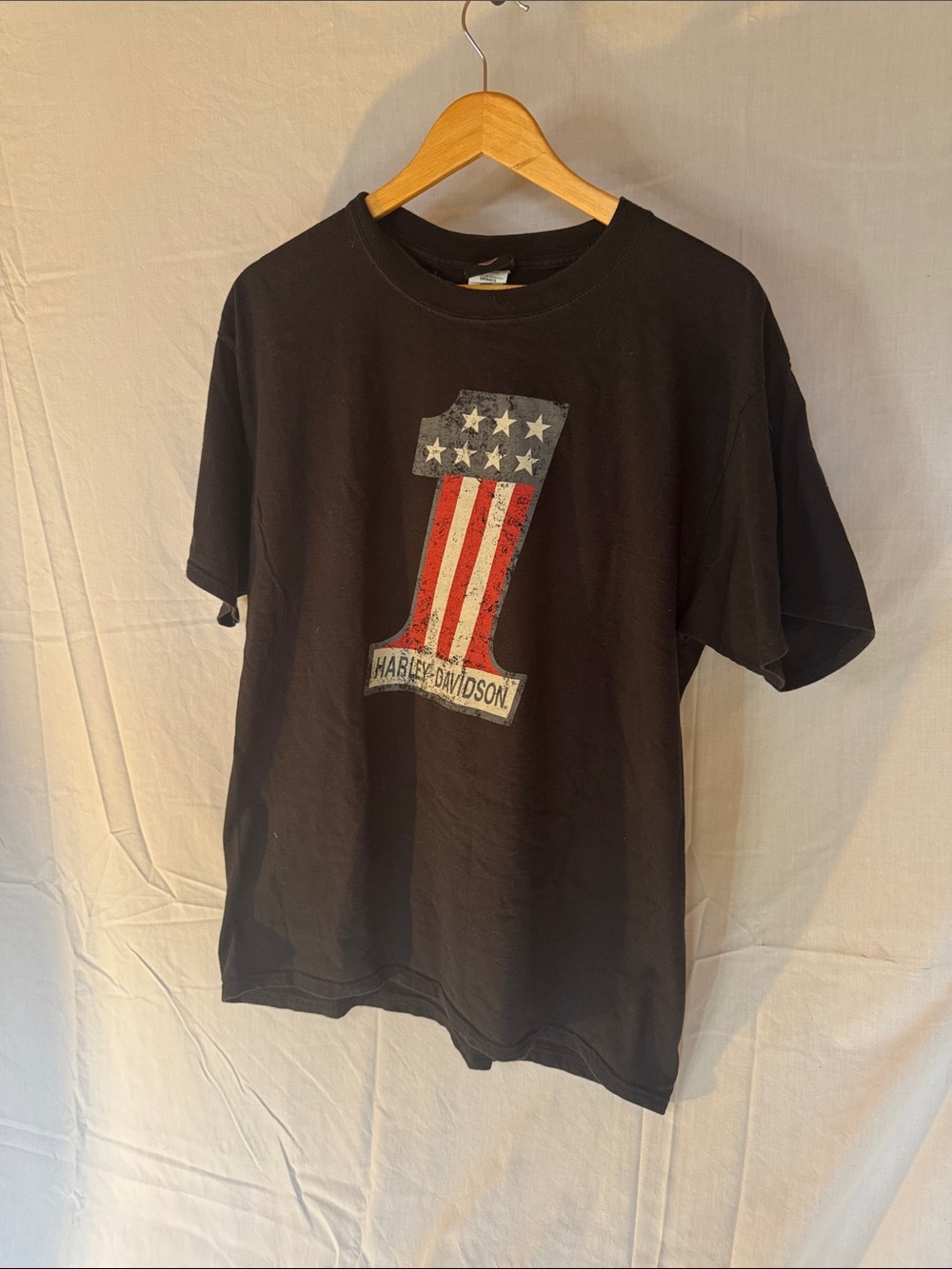 Harley-Davidson Black T-Shirt with Red, White & Blue Flag Number Graphic